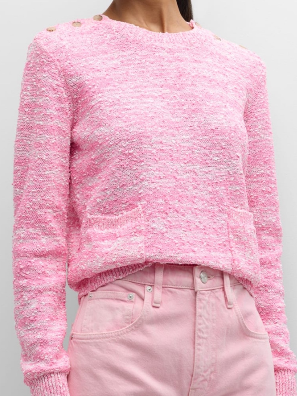 Frame Denim Pink Bouclé Crew Sweater with Gold Shoulder Buttons